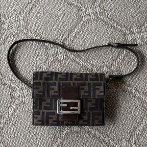 Fendi Logo Patterned Brown and Black Shoulder Bag